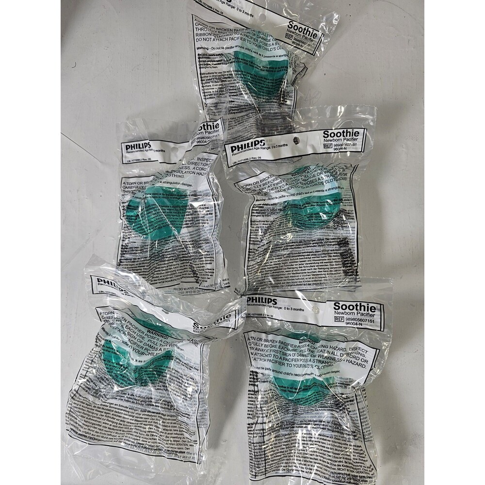 Lot Of 5 Philips 96004-N Newborn Soothie Pacifier Green 0-3 Months Hospital